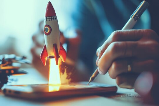 Rocket taking off from cell phone, businessman holding pen, business and startup concept. Generative AI