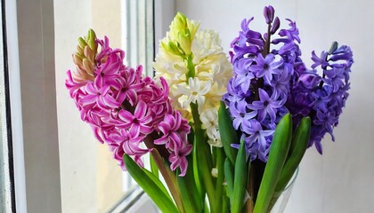 a bouquet of colorful hyacinthus orientalis flowers in a vase stands on the window