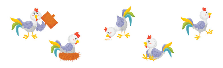 Funny Rooster or Cockerel Character in Different Pose Vector Set