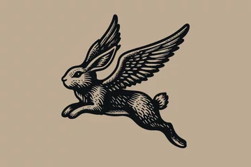 Foto op Aluminium Flying hare with wings. Vintage retro engraving illustration. Black icon, isolated element  © Victoria