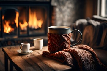 Mug with  tea standing on a table with woolen blanket in a cozy living room with fireplace. Cozy winter day. created with Generative AI technology