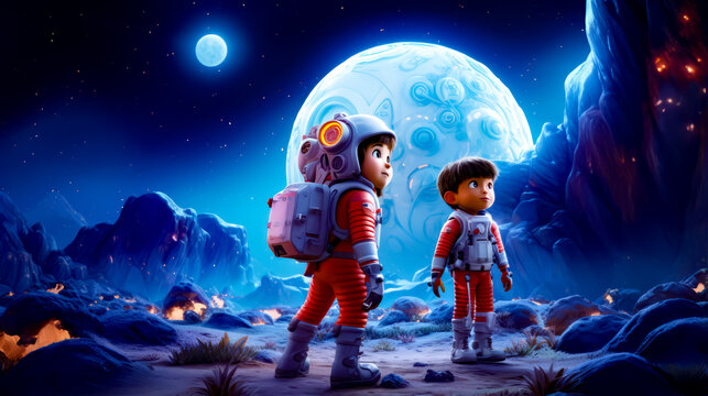 Couple of kids in space suits standing in front of giant moon.