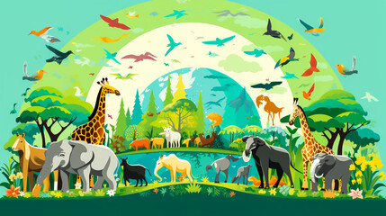 Tropical jungle landscape with river and birds. Vector illustration.