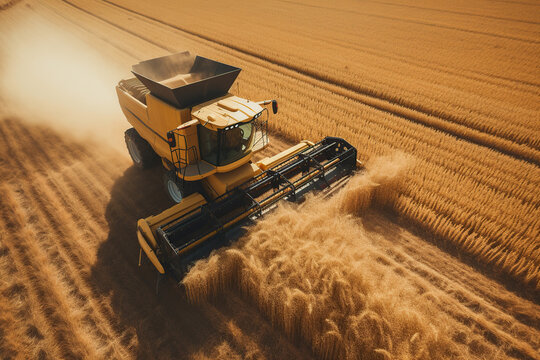 Combine harvester harvests wheat in field