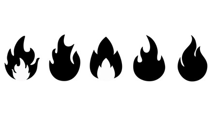 Set of cartoon flames. Burning bonfire, forest fire and bonfire, fire black silhouette isolated vector illustration. The power of a fireball, the energy of a fiery flame.