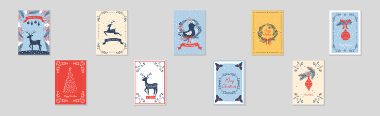 Merry Christmas and Winter Holiday Greeting Card Vector Template Set