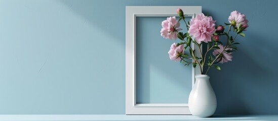 Template for presentation of modern art - empty white frame mockup with flowers in a stylish vase against a blue wall. - obrazy, fototapety, plakaty