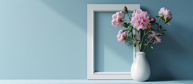Template for presentation of modern art - empty white frame mockup with flowers in a stylish vase against a blue wall.