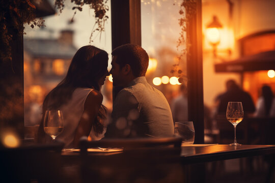 couple on a date in the restaurant with drinks and people in background 