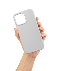 Phone case mockup, silicon plastic blank protector in hand isolated on white
