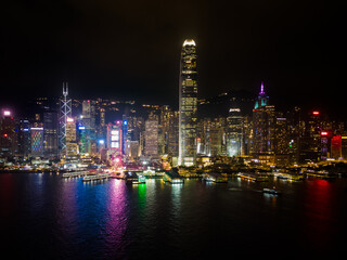 Hong Kong Island skyline at night, Hong Kong skyline from drone, Symphony of Lights, Hong Kong's Symphony of Lights from Tsim Shai Tsui promenade. 