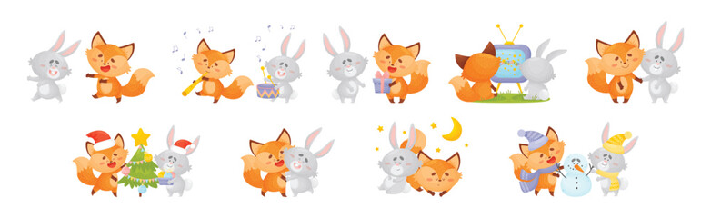 Lovely Little Fox and Bunny Cub Having Fun Together Vector Set