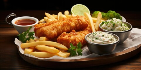 Fish and Chips Extravaganza, Crispy Perfection in a Culinary Snapshot of Iconic Seafood Delight."