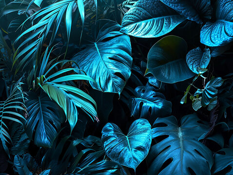 sfondo di foglie tropicali blu intenso,  sfondo di fogliame scuro, foglie tropicali in stile giungla