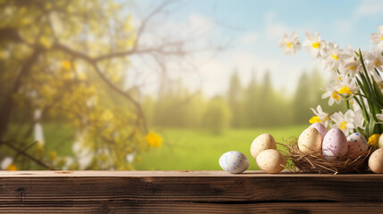 Obraz na płótnie Canvas Wooden table with easter eggs and blurred spring meadow background 