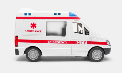 Toy ambulance on a white background. Healthcare concept