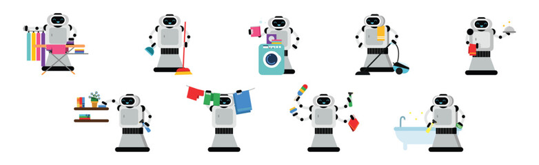 Robot Doing Housework Cleaning and Housekeeping Vector Set