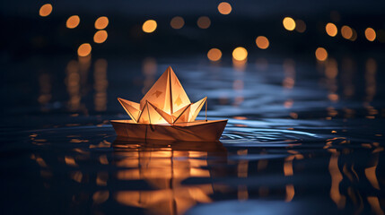 A candle in an origami boat. Paper origami sailboat - obrazy, fototapety, plakaty