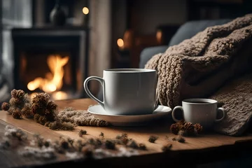  Mug with  tea standing on a table with woolen blanket in a cozy living room with fireplace. Cozy winter day. created with Generative AI technology © Muzamil