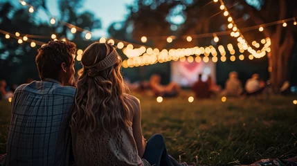 Fotobehang A couple at an outdoor movie night, with the screen showing a classic romantic film with a heart motif. © soysuwan123