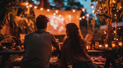 A couple at an outdoor movie night, with the screen showing a classic romantic film with a heart motif.