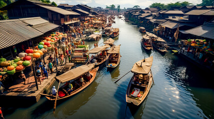 Group of boats floating on top of river next to village. - obrazy, fototapety, plakaty