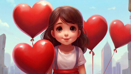 Fototapeta na wymiar Cute little girl walking on the street with red heart shaped balloon, Valentines day holiday.