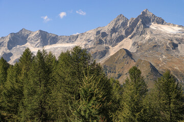 Fototapeta na wymiar Majestätische Gipfel über dem Valmalenco; Blick auf Monte Sissone (3328), Cima di Rosso (3365) und Cima di Vazzeda (3300)