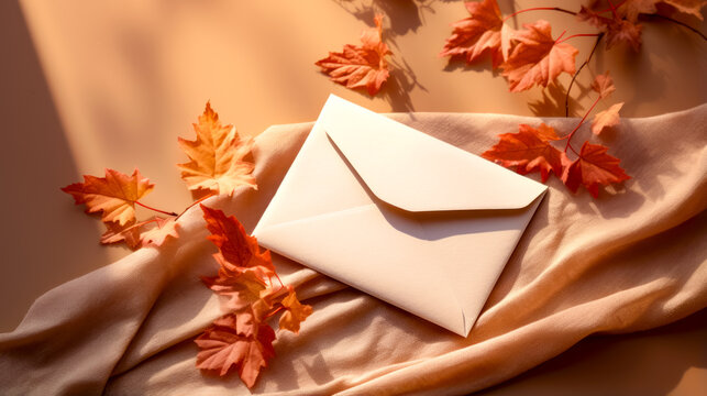 White envelope sitting on top of blanket covered in leaves and fallen leaves.