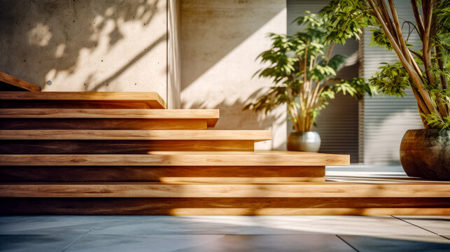 Close up of set of wooden steps near potted plant.