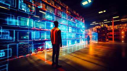 Obraz premium Man standing in front of large display of electronic devices in warehouse.