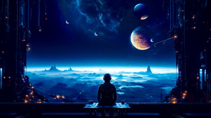 Person sitting on bench in front of window looking at planets.
