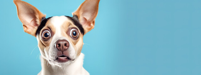  A startled dog with large, expressive ears and wide, surprised eyes against a blue background.