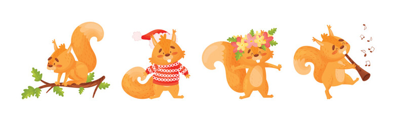 Obraz na płótnie Canvas Cute Squirrel Character with Bushy Tail Engaged in Different Activity Vector Set