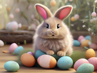 Fototapeta na wymiar Cute fluffy Easter Bunny with many colorful easter egg