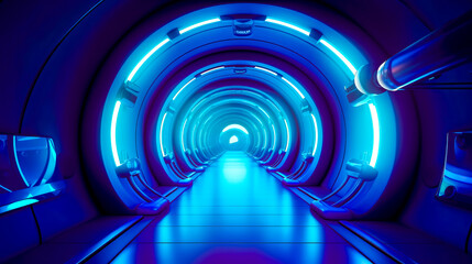 Long tunnel with blue light at the end and blue light at the end of the tunnel.