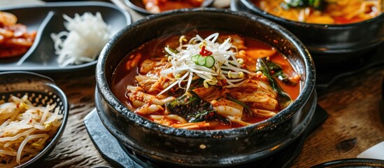 Traditional Korean food called Kongnamul guk: soybean sprout soup with rice, Kimchi pickle, and served in an iron pot on a wooden table.