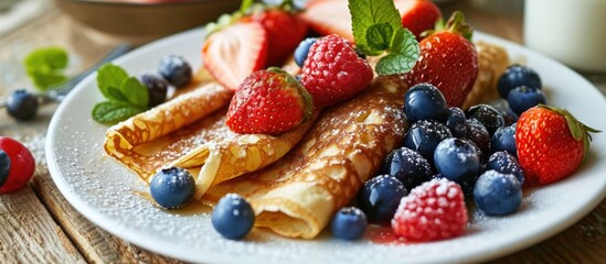 Crepe with fruits and yogurt on the table for breakfast. - obrazy, fototapety, plakaty