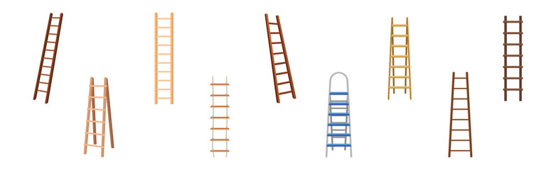 Wooden and Metal Step Ladder for Domestic and Construction Need Vector Set
