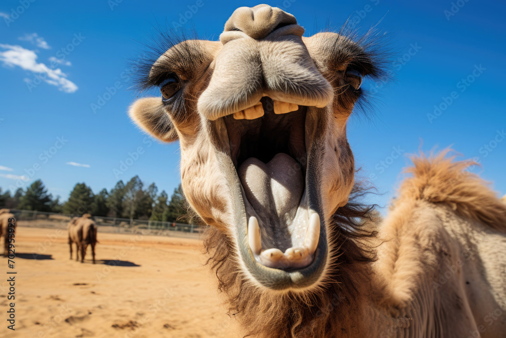 Wall mural Surprised or angry funny camel with an open mouth on the background of the Sahara sands. Humorous photography