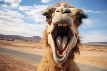 Surprised or angry funny camel with an open mouth on the background of the Sahara sands. Humorous photography - obrazy, fototapety, plakaty