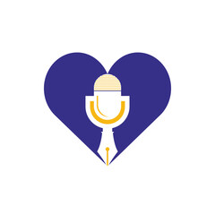 Pen microphone conference podcast radio logo design. Education podcast vector logo design.