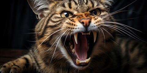 Obraz premium Close-up portrait of a tabby angry cat with an open mouth. Humorous photo.