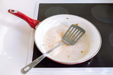 dirty greasy frying pan with burnt food residue