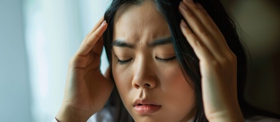 Obraz premium Asian plus size woman experiencing headaches and distress.