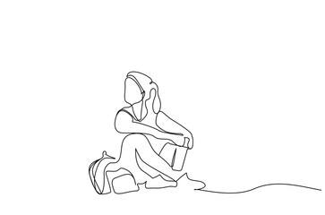 healthy woman nature walking rest backpack happy hike trekking life one line art design