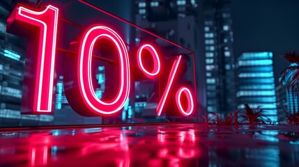 Huge neon sign 10 percent. Glowing sale light advertising. Theme of discount and commerce - obrazy, fototapety, plakaty