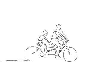 Fototapeta na wymiar father son little boy riding a bike together amusement park outside lifestyle one line art design