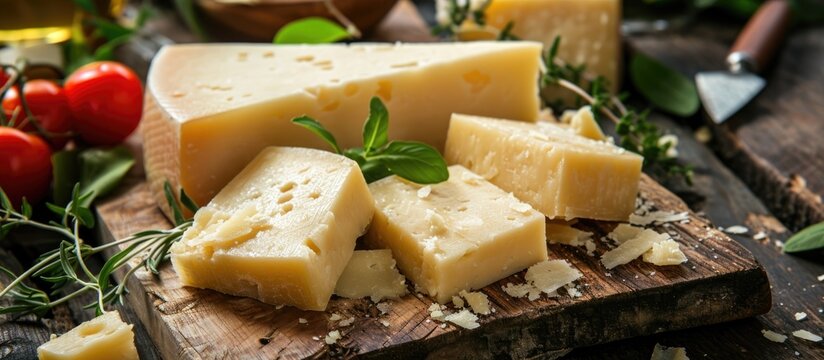 Close-up of traditional Italian asiago cheese on wooden board.
