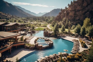 An aerial view of a luxury resort nestled in the mountains with a sparkling pool - obrazy, fototapety, plakaty